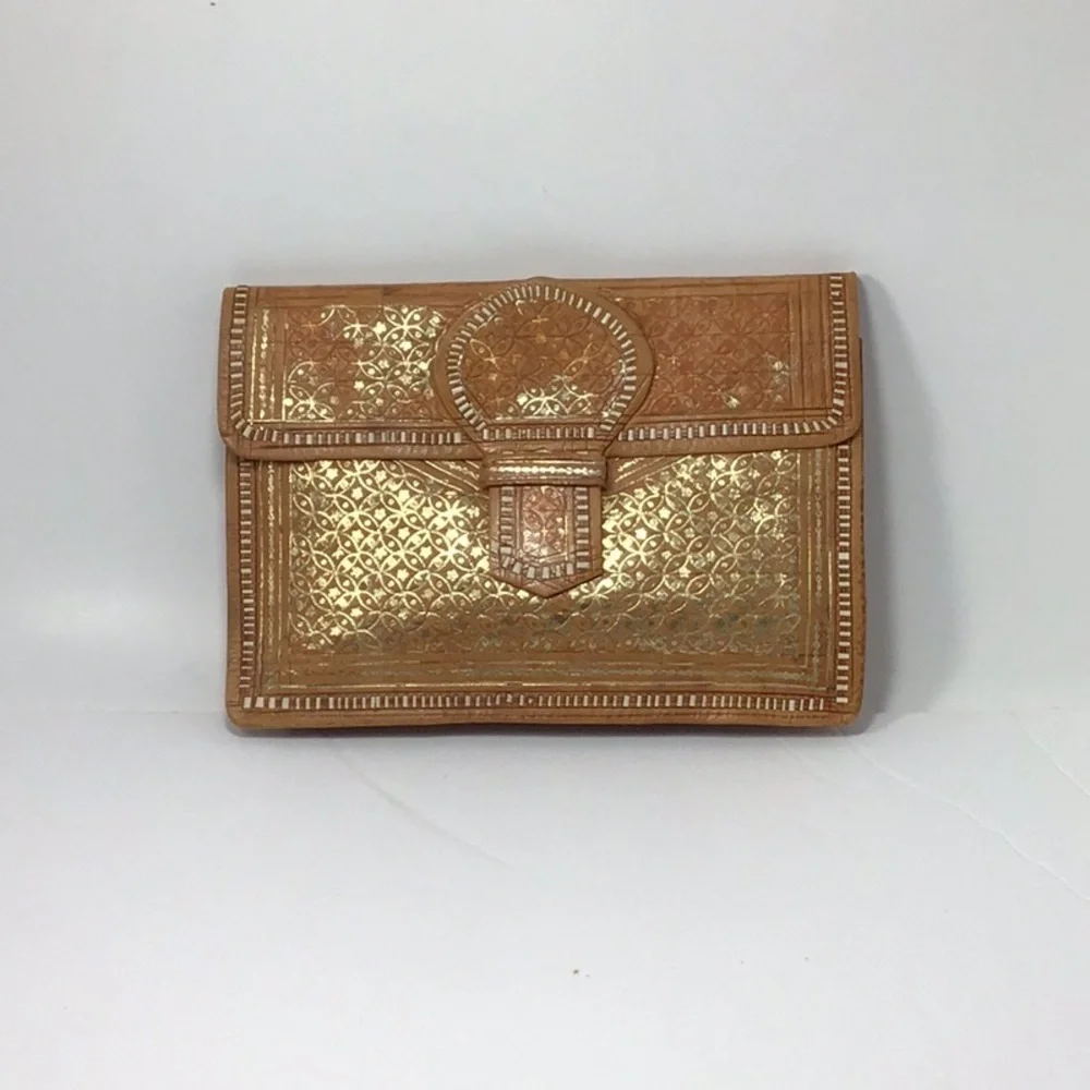Vintage Moroccan Hand-Tooled Tooled Leather Gold Leaf Clutch & Wallet.